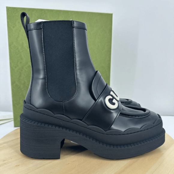 Gucci Women’s Ornella Leather Boots Logo Chunky Platform Chelsea US 8 Black NIB - Picture 7 of 15